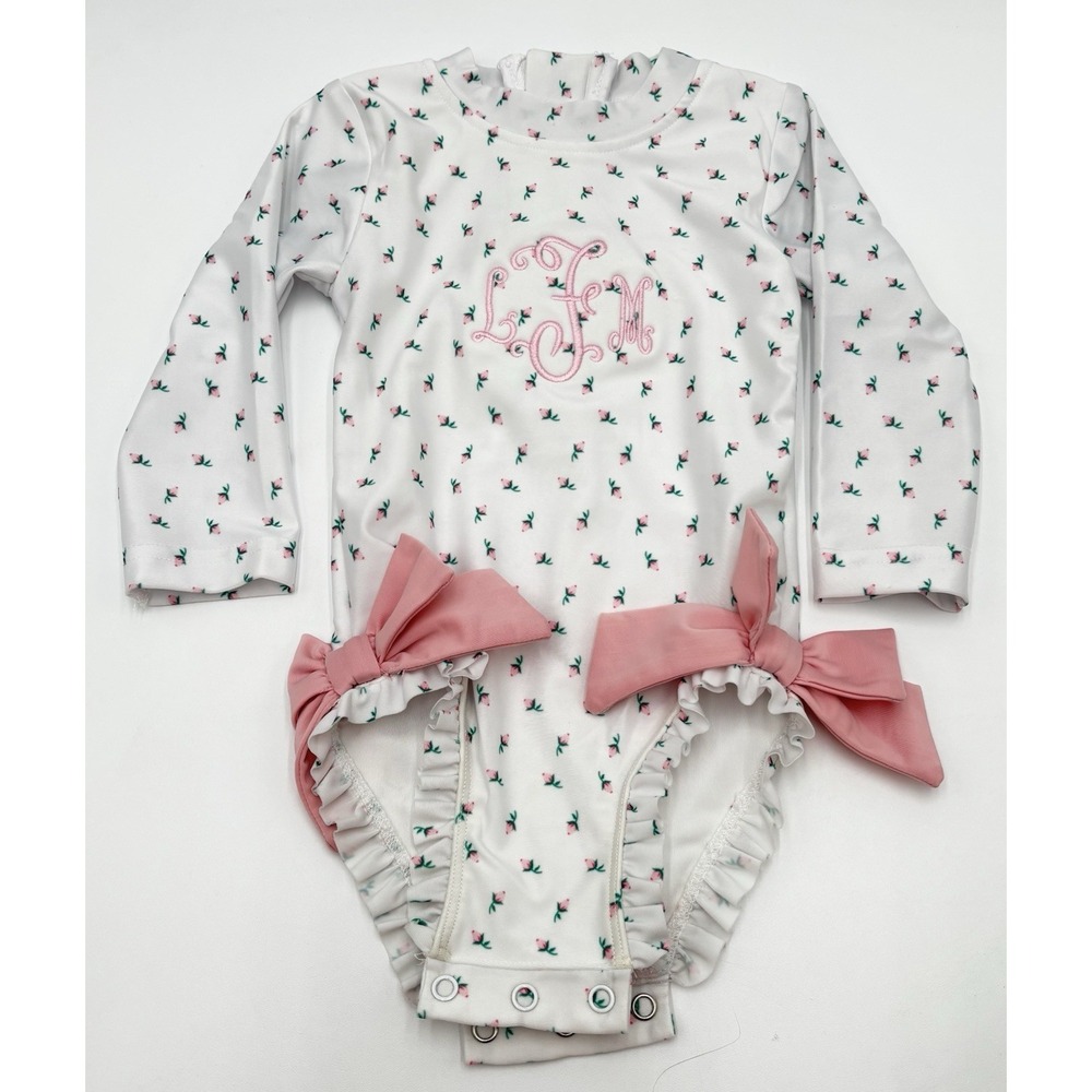 Cecil & Lou‎ Baby Girl Rash Guard Swimsuit 9M Monogram Pink Floral Ruffle Bow